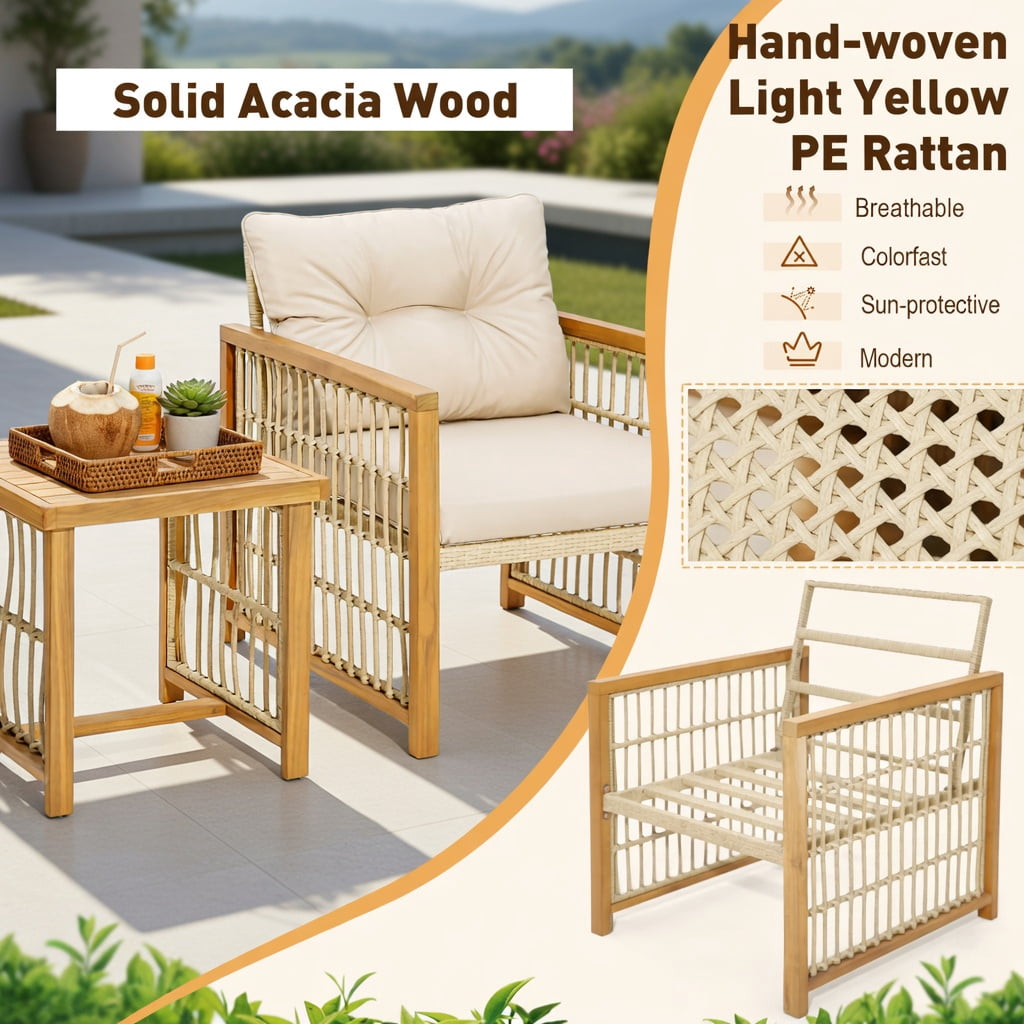 Hommoo 3-Piece Outdoor PE Wicker Patio Furniture Set, Cushioned Acacia Wood Conversation Set with Square Coffee Table & Ergonomic Chairs, Brown