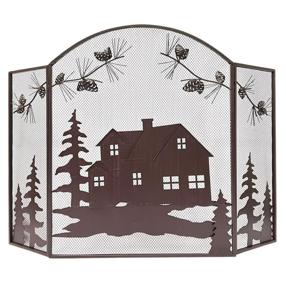 Decorative Metal Foldable Fireplace Screen with House Cabin Lodge Pine Cone