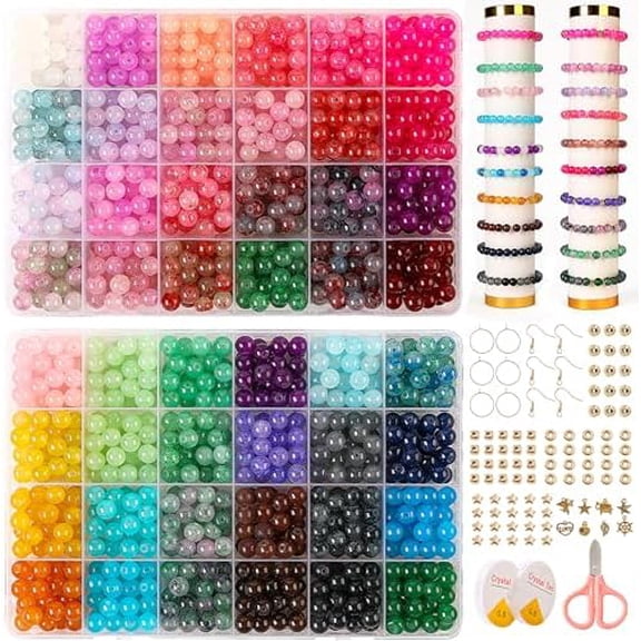 Glass Beads for Jewelry Making, 1300pcs + 8mm 48 Colors Round Crystal Glass Beads Bracelet Making Kit, Bead Starter Kit for Birthday Holiday Christmas Gifts
