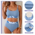 thumbnail image 3 of Eytino Bathing Suits for Women Two Piece Swimsuit Textured Scoop Neck High Waisted Bikini Set with Floral Print Trim Light Blue L, 3 of 7