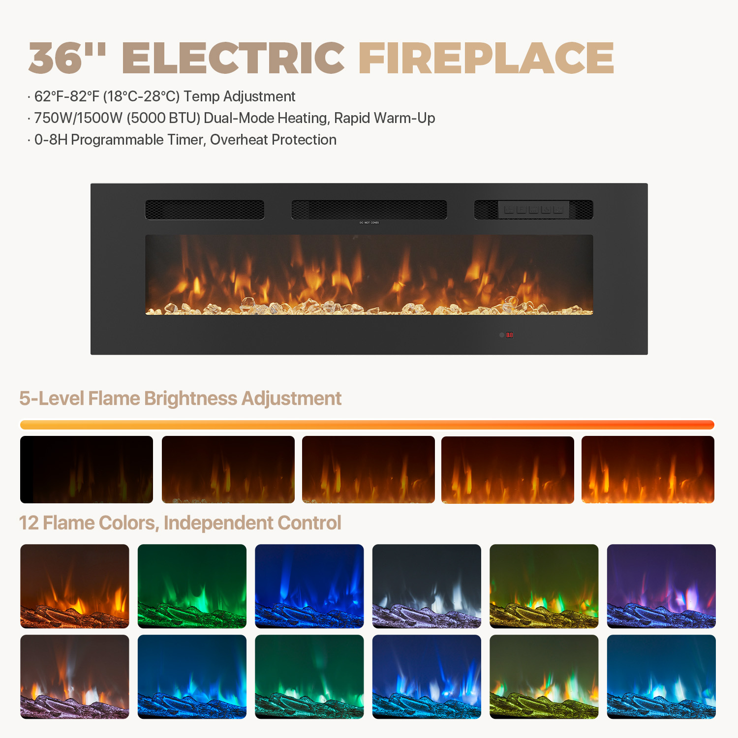 BaPiPro 70" Fireplace TV Stand with 36" Electric Fireplace, for TVs up to 80", Mid-Century Wood Entertainment Centre with Storage, Brown