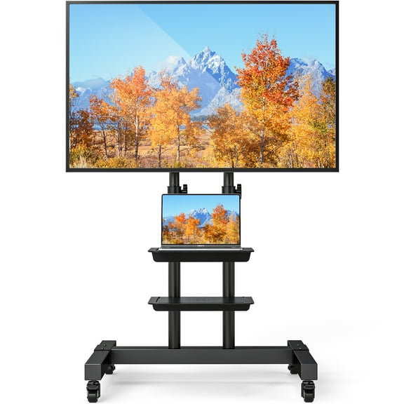 RTVR Modern Black Mobile Rolling TV Cart Stand with Wheels for 32 to 83 inch TVs, Max VESA 600x400mm, 2 Storage Shelves