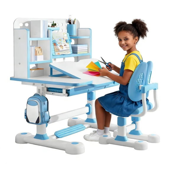 YNCE Desk for Kids, Kids Desk and Chair Set Height Adjustable for Girls, Kid Study Table and Chair Set with Widened Desktop Storage Drawer (Blue #6)