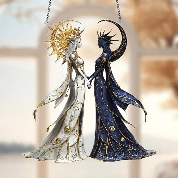 Mystical Wall Window Suncatcher Art Sun & Moon Goddess Ornament Celestial Balance 2D Acrylic Hanging Decor 8 x 7 Inch