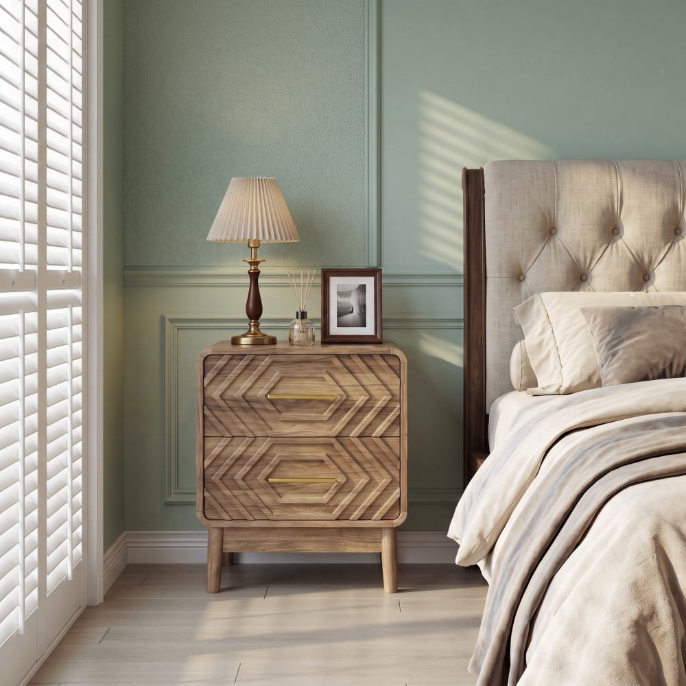 Walnut Nightstand with 2 Drawers, Wood Grain Bedside Table with Solid Wood Legs & Gold Metal Handles, Rounded Corner End Table for Bedroom