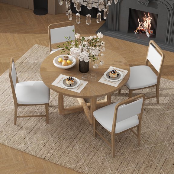 Bellemave 5 Piece Dining Table Set, Wood Round Dining Table and 4 Upholstered Chairs, Retro Dining Room Set for 4 People, Living Room Dining Room Furniture (Natural Wood Wash)