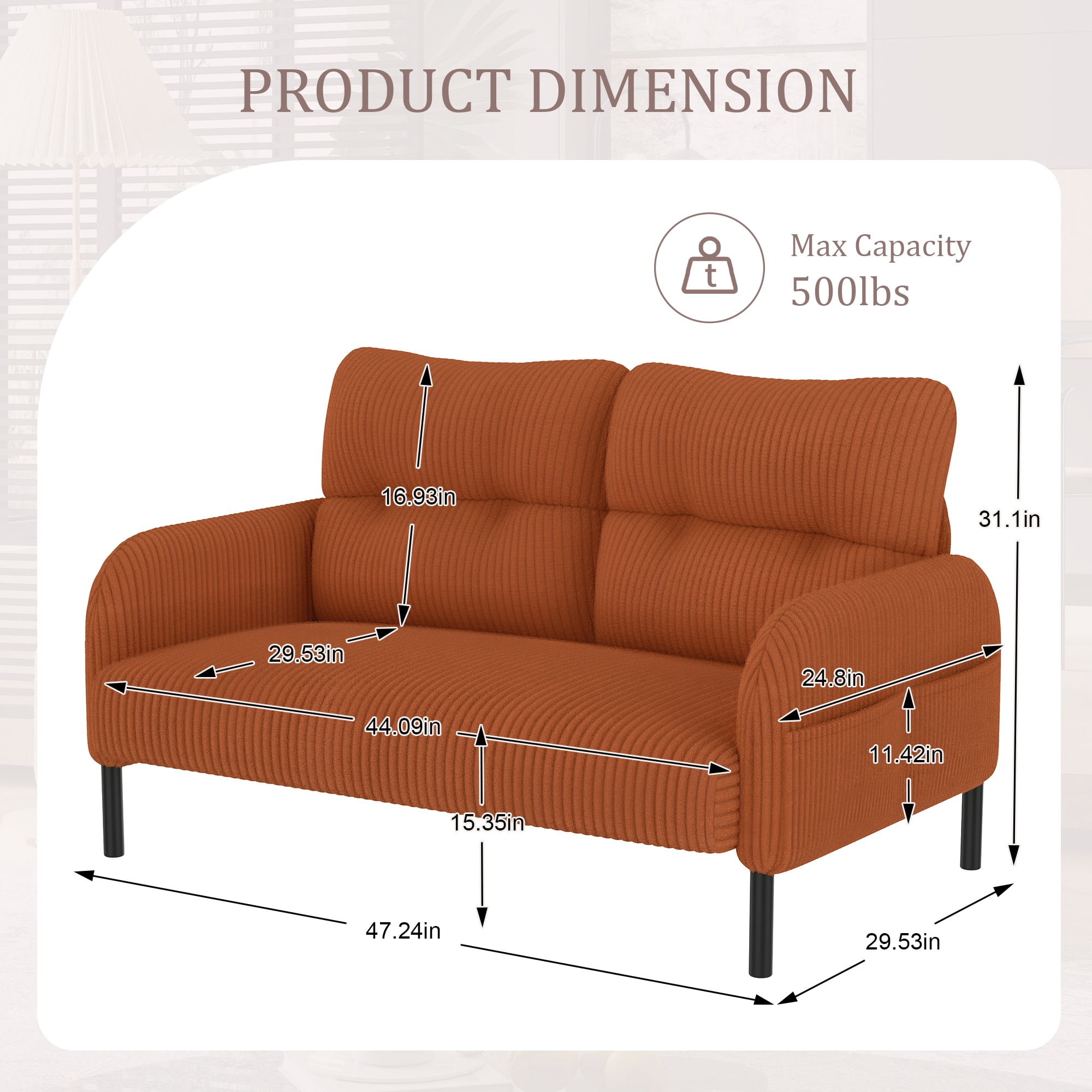 47" Small Loveseat Sofa Couch for Small Spaces,Corduroy Upholstered 2-Seater Love Seats for Apartment, Bedroom,Office,Orange