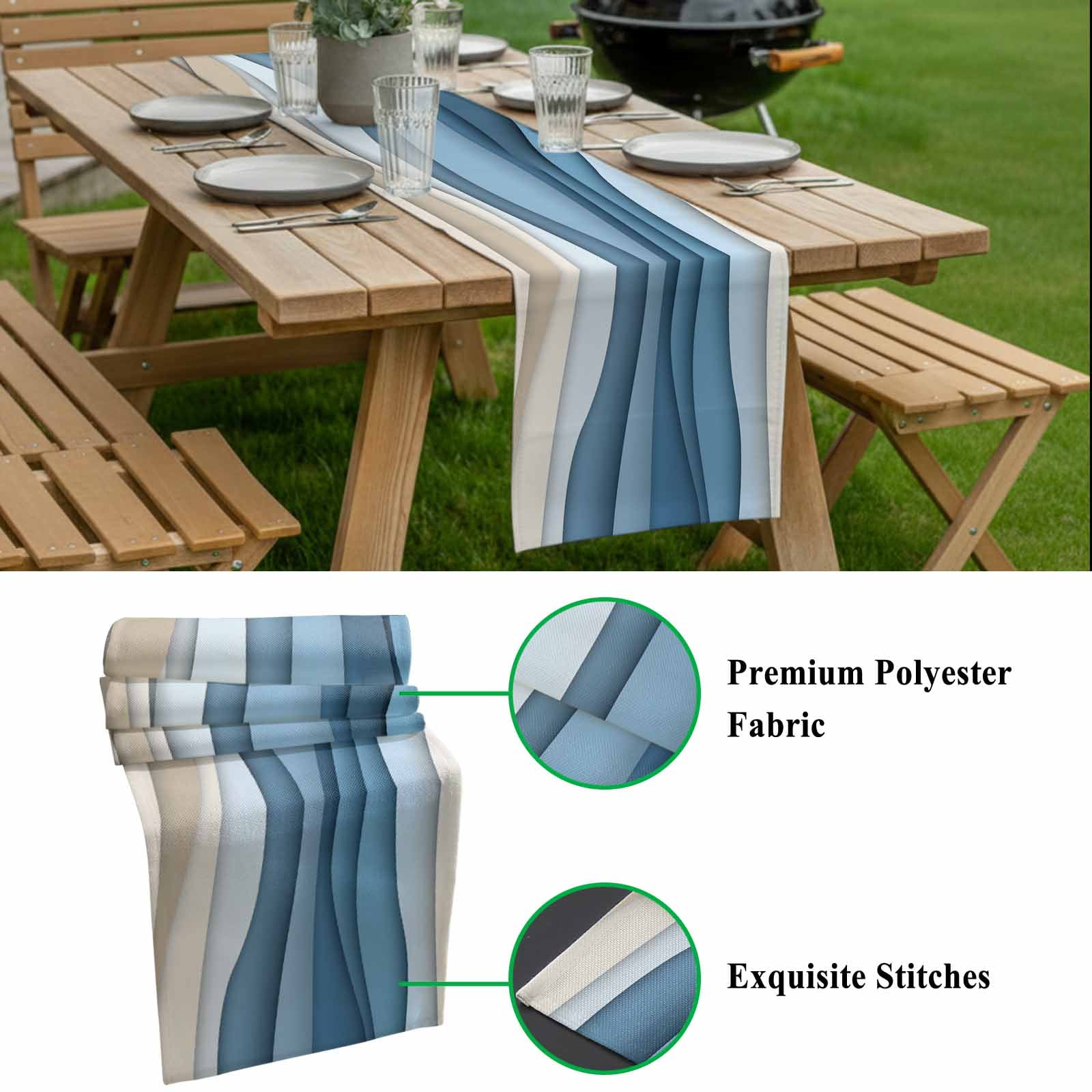 Blue Ombre Table Runner 13x108 inch Abstract Stripe Ocean Wave Geometric Modern Art Cotton Linen Dining Table Runner Ideal for Dresser Kitchen Coffee Tables - Machine Washable
