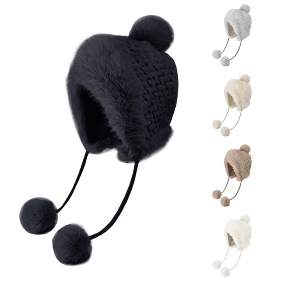 XIAOCHA Women's Furry Pom‑Pom Trapper Beanie Solid Outdoor Ski Ear‑Flap Headwear Fall Winter Toque,Black