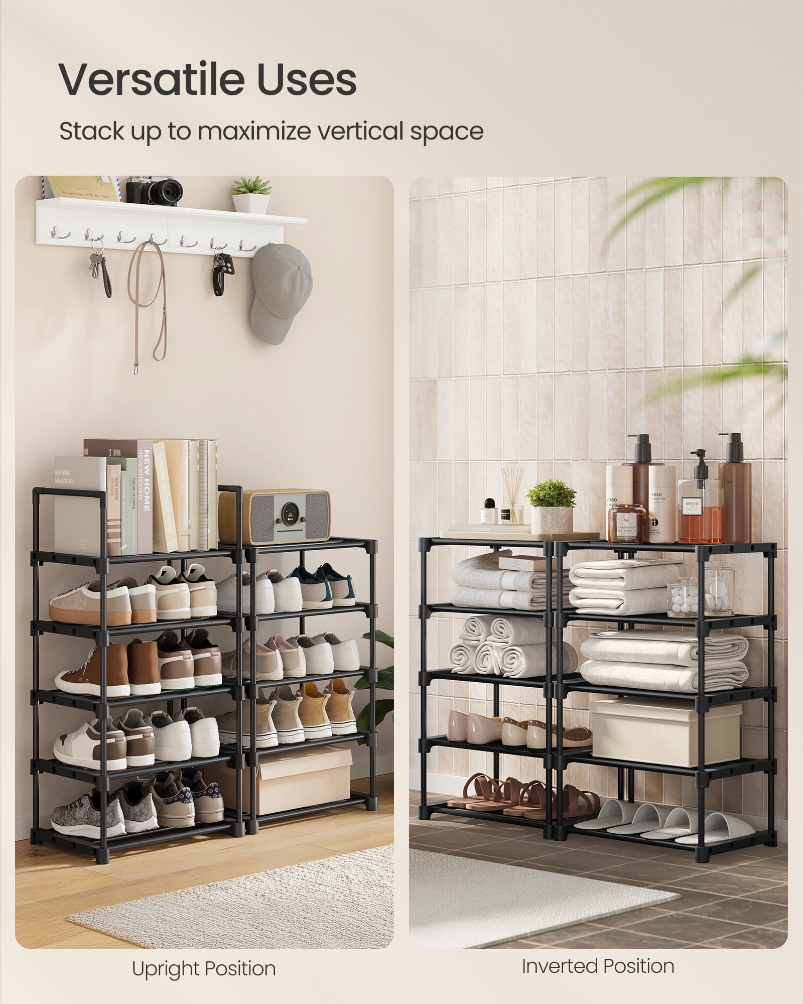 10-Tier Shoe Rack Organizer, Heavy-Duty Metal Storage Shelf, Upright/Upside Down Design for 11-22 Pairs, Space-Savingt, Tool-Free Assembly, Black