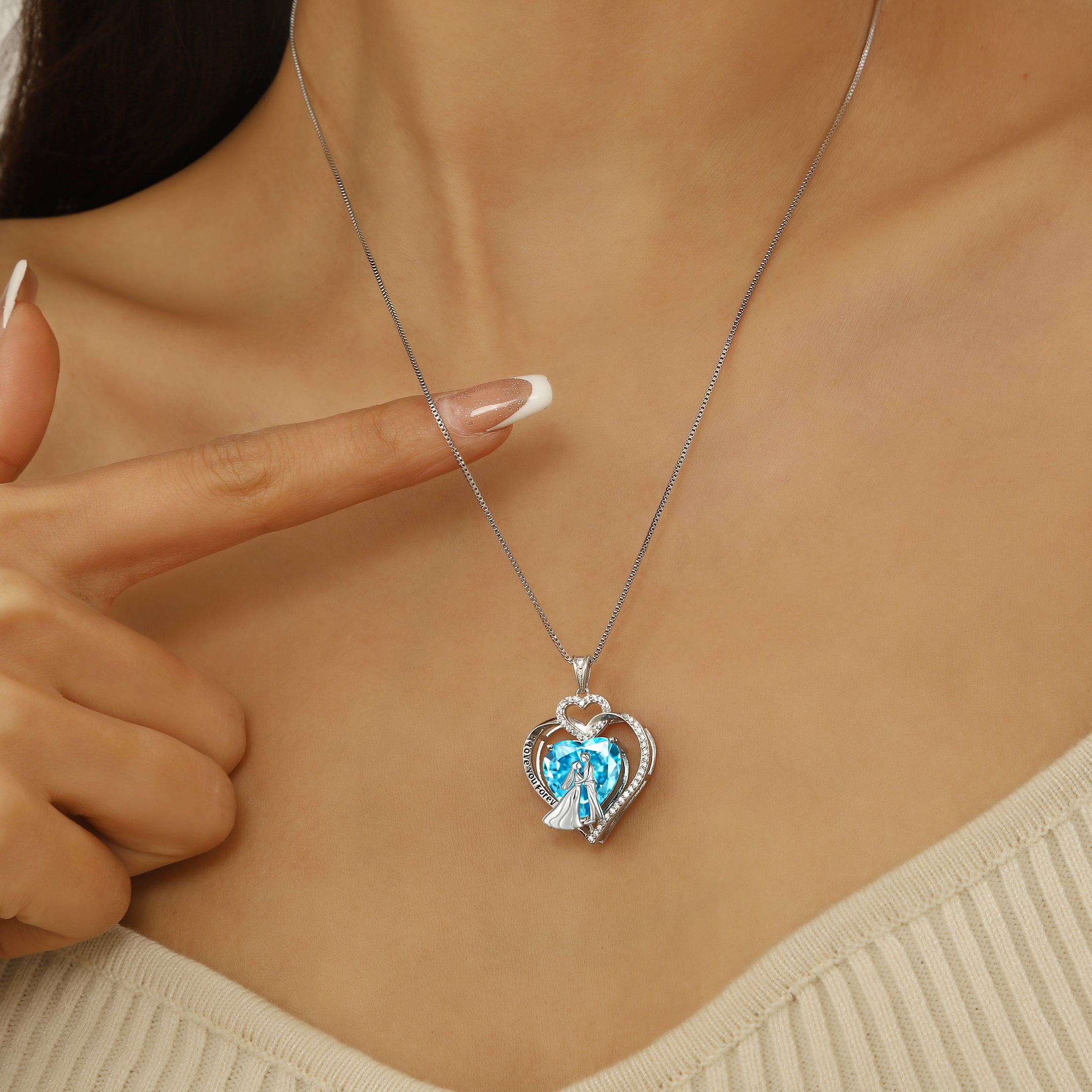 Juwaliy Couple Necklace for Women 925 Sterling Silver Heart March Birthstone Pendant Engraved I Love You Wedding Engagement Jewelry Valentines Day Gift for Wife Bride Her