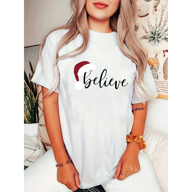 Women's Casual Crew Neck T-Shirt with Geometric Christmas Hat Print, Polyester 95% Spandex 5% Knit Fabric, Medium Stretch, All Season Fashion Top