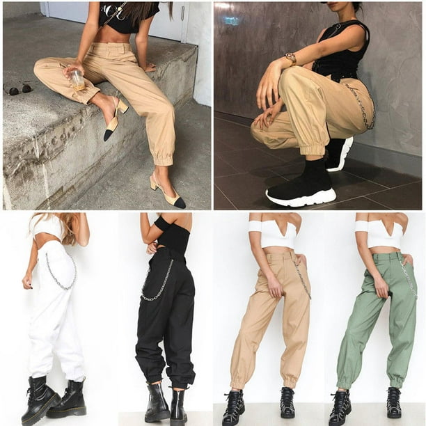 Douhoow Women's Hip Hop Cool Baggy Cargo Pants with Decorative Chain 