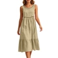 thumbnail image 3 of VBVC Women's Sleeveless Eyelet Tiered Midi Dress , Ladies' Crew Neck Ruffle Dress , Summer Casual Beach Vacation Dresses For Women,Khaki,S-2XL, 3 of 7
