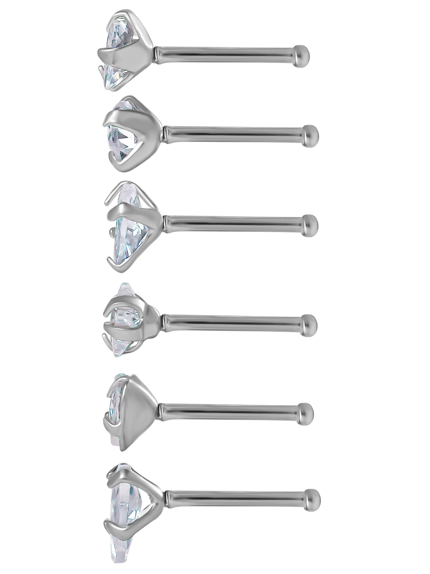 Body Jewelry 22G Women's Stainless Steel Crystal Nose Rings, 6 Pack
