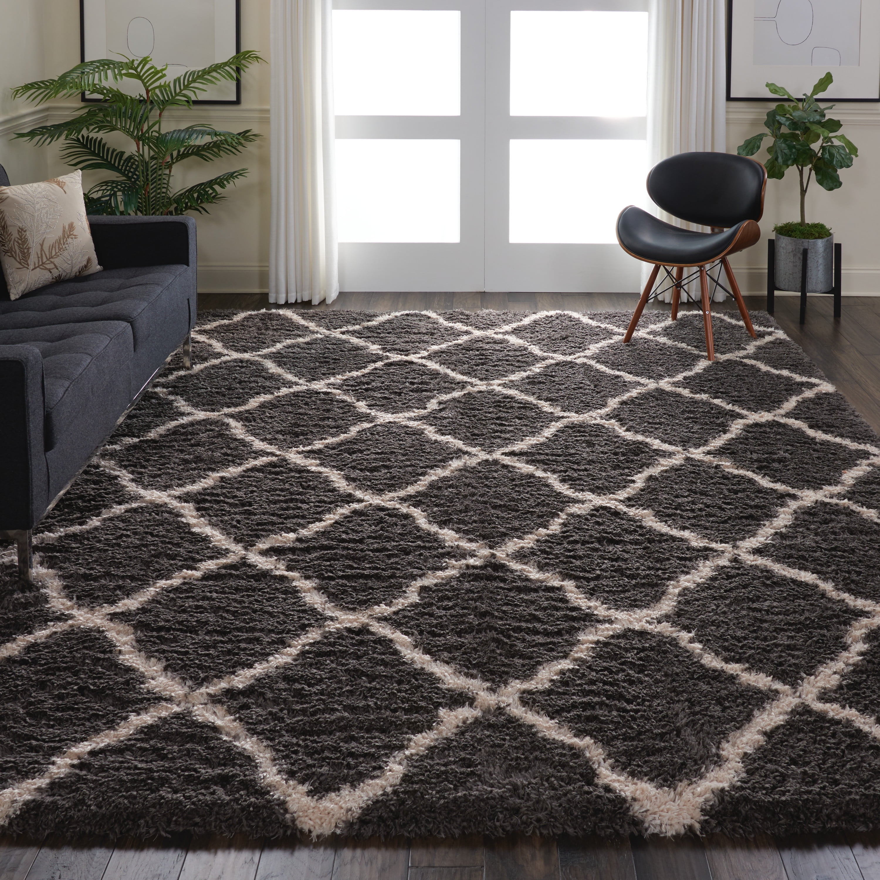 Nourison Ultra Plush Shag Moroccan Trellis Charcoal/Beige Area Rug