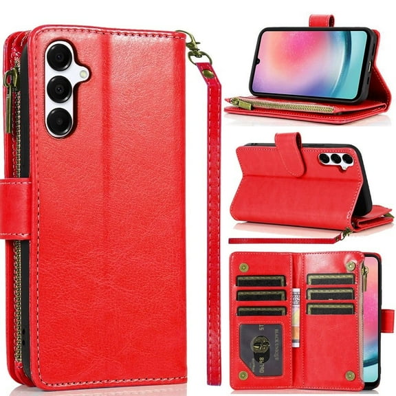For Samsung Galaxy A26 Case, Leather Wallet Case with Zipper, 9 Card Slots, Cash Pocket, Stand & Strap, Clutch Pouch Design Phone Cover (Red)