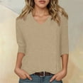 thumbnail image 2 of Razzly Women's V Neck 3/4 Sleeve Casual T Shirt Soft Comfortable Basic Top Stylish Loose Fit Tee For Everyday Wear(Khaki,2XL), 2 of 5