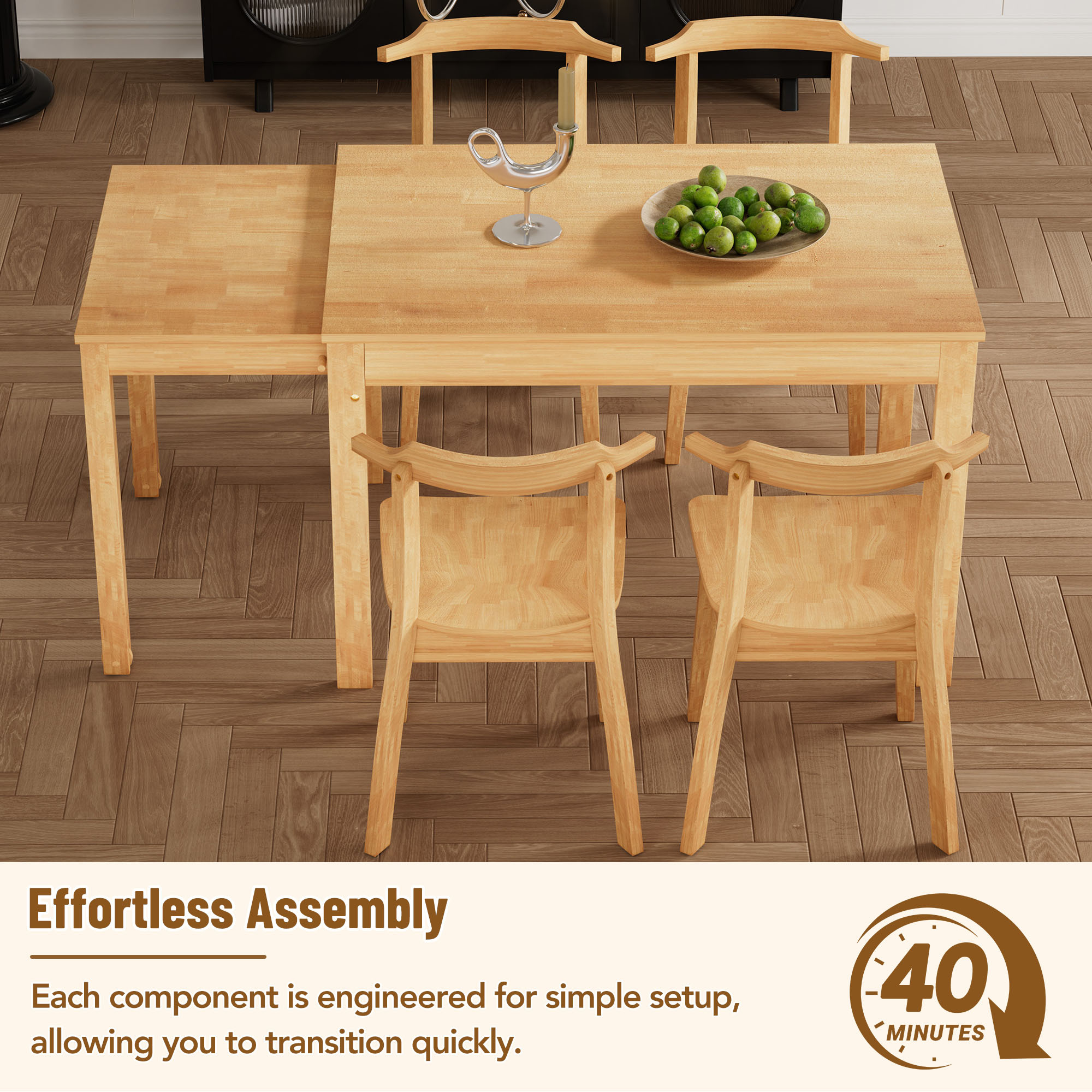 EUROCO 65" 5PCS Solid Wood Extendable Dining Table Set with Wheels,Dining Room Table Set with 17.7" Pull-out Side Table and 4 Dining Chairs for Small Places, Natural