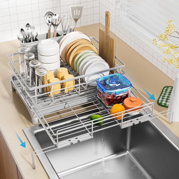 Dish Drying Rack - Expandable Dish Rack, Large Capacity Dish Drainer for Kitchen Counter, Rust-Proof with Utensil Holder, Gray