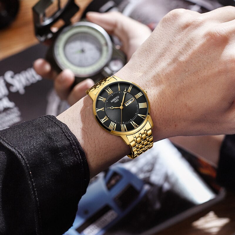 Nibosi Fashion Simple Men Watch Slim Steel Week Date Waterproof Gold Watch  For Men Quartz Business Watch Clock Relogio Masculino - Quartz Wristwatches