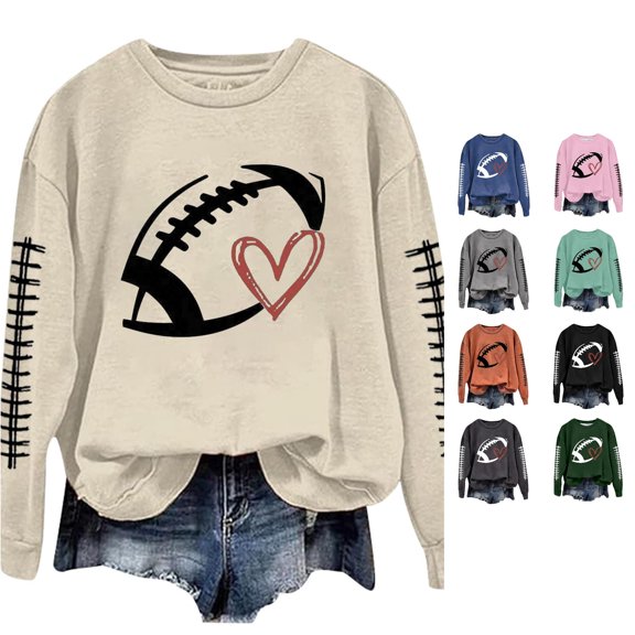 SONXAHE Graphic Print Crew Neck Sweatshirt for Women Sleeve Print Loose Fit Football Season Pullover Tops