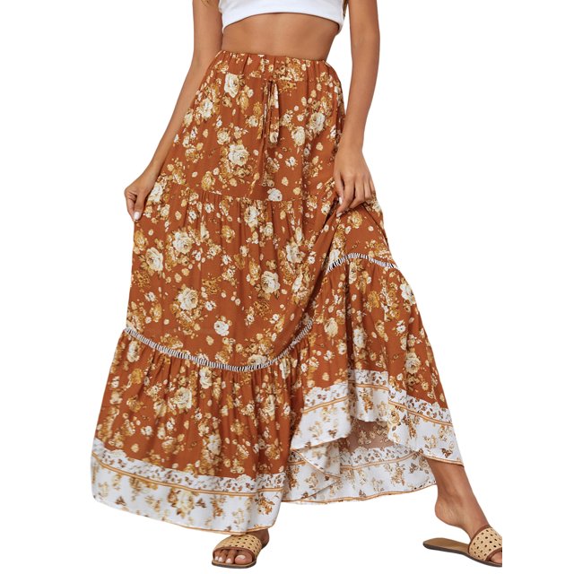 SAYOO Mujer Adolescente Verano Vintage Bohemio Floral Maxi Falda Elástica Cintura alta A-Line Ruffle Flowy Beach Falda larga SAYOO Diario /Fiesta
