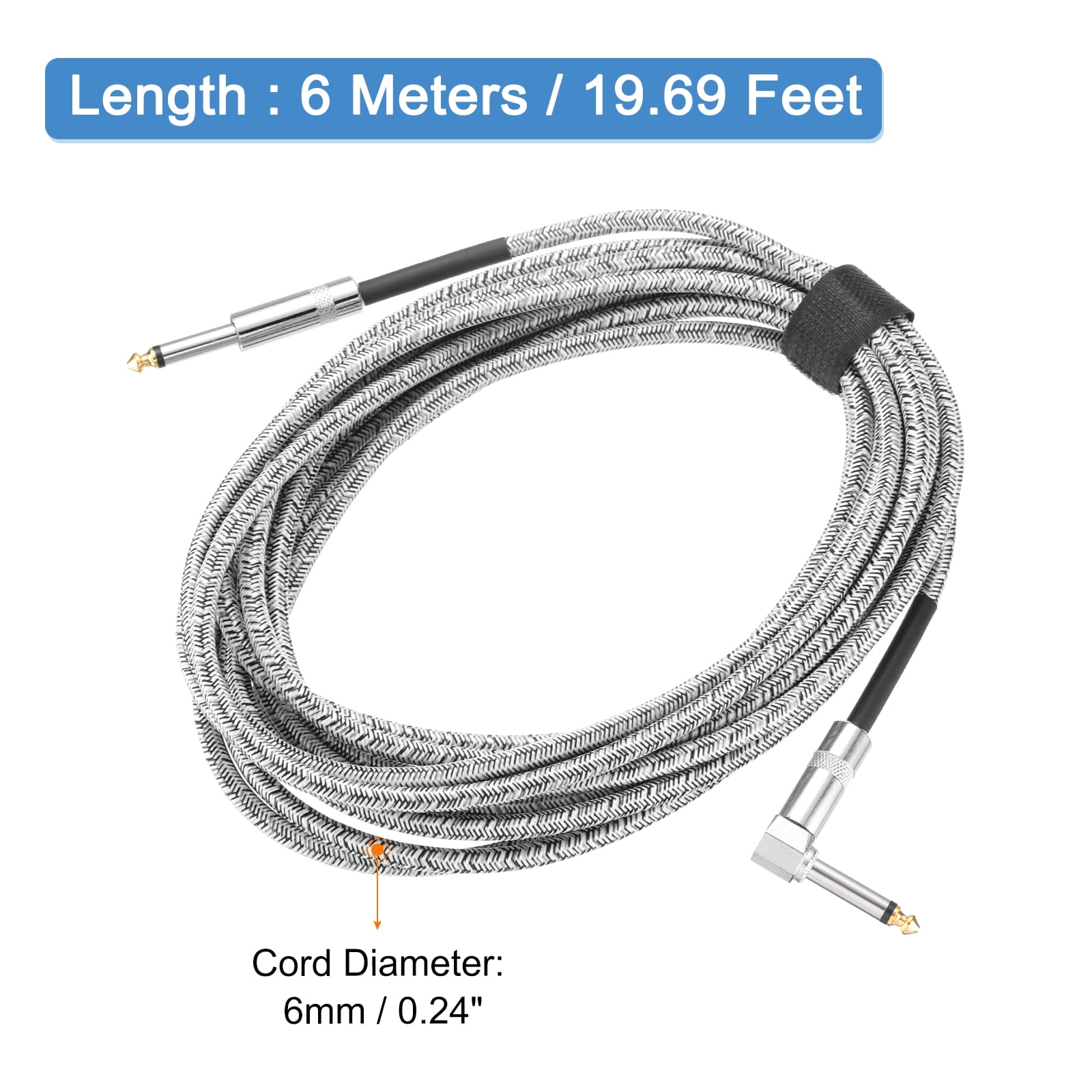 1 PCS Guitar Instrument Cable 20 Feet 1/4" to 1/4" 6.35mm Straight to Right Angle Interconnect Cord Braided Grey