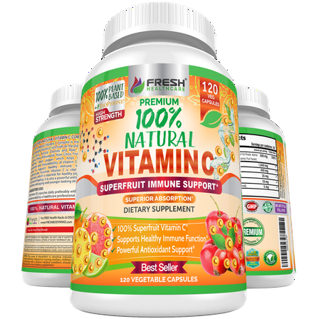 Natural Vitamin C - 100% from Rose Hips, Acerola Cherry and Camu Camu Superfruit 500mg - High Absorption - Immune Support, Skin, Joint and Collagen Booster with Citrus Biflavanoids - 120 Capsules