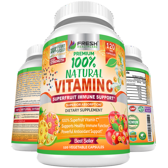 Natural Vitamin C - 100% from Rose Hips, Acerola Cherry and Camu Camu Superfruit 500mg - High Absorption - Immune Support, Skin, Joint and Collagen Booster with Citrus Biflavanoids - 120 Capsules