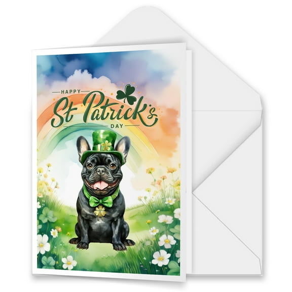Happy St. Patrick’s Day French Bulldog with Green Hat Shamrocks Rainbow 5x7in Folded Greeting Card Dog Lover Gifts Single Note Card with Envelope - 03007