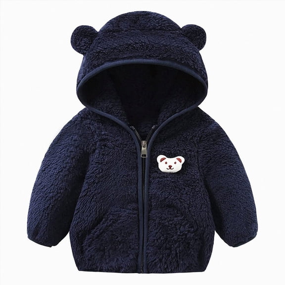 Staki Toddler Fleece Jacket Winter Coat Boys Hooded Fleece Warm Outwear 3D Ear Padded Zipper Jacket With Pockets 0-24M(Navy,12-18 Months)