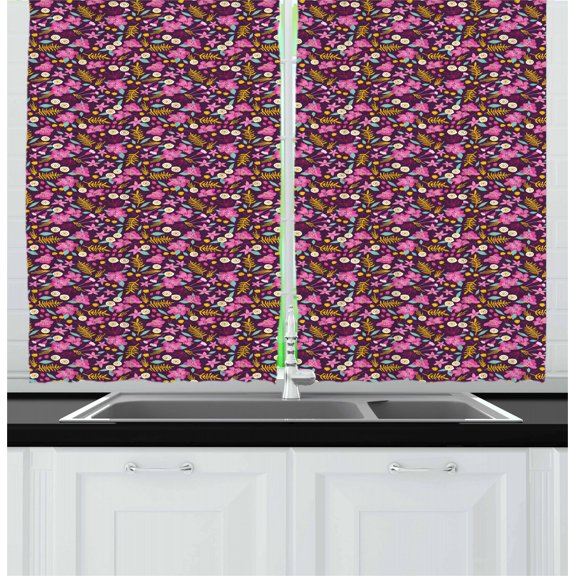 Garden Art Curtains 2 Panels Set, Spring Season Pattern with Blossoming Wildflowers in Pink Shades Ornate Design, Window Drapes for Living Room Bedroom, 55W X 39L Inches, Multicolor, by Ambesonne