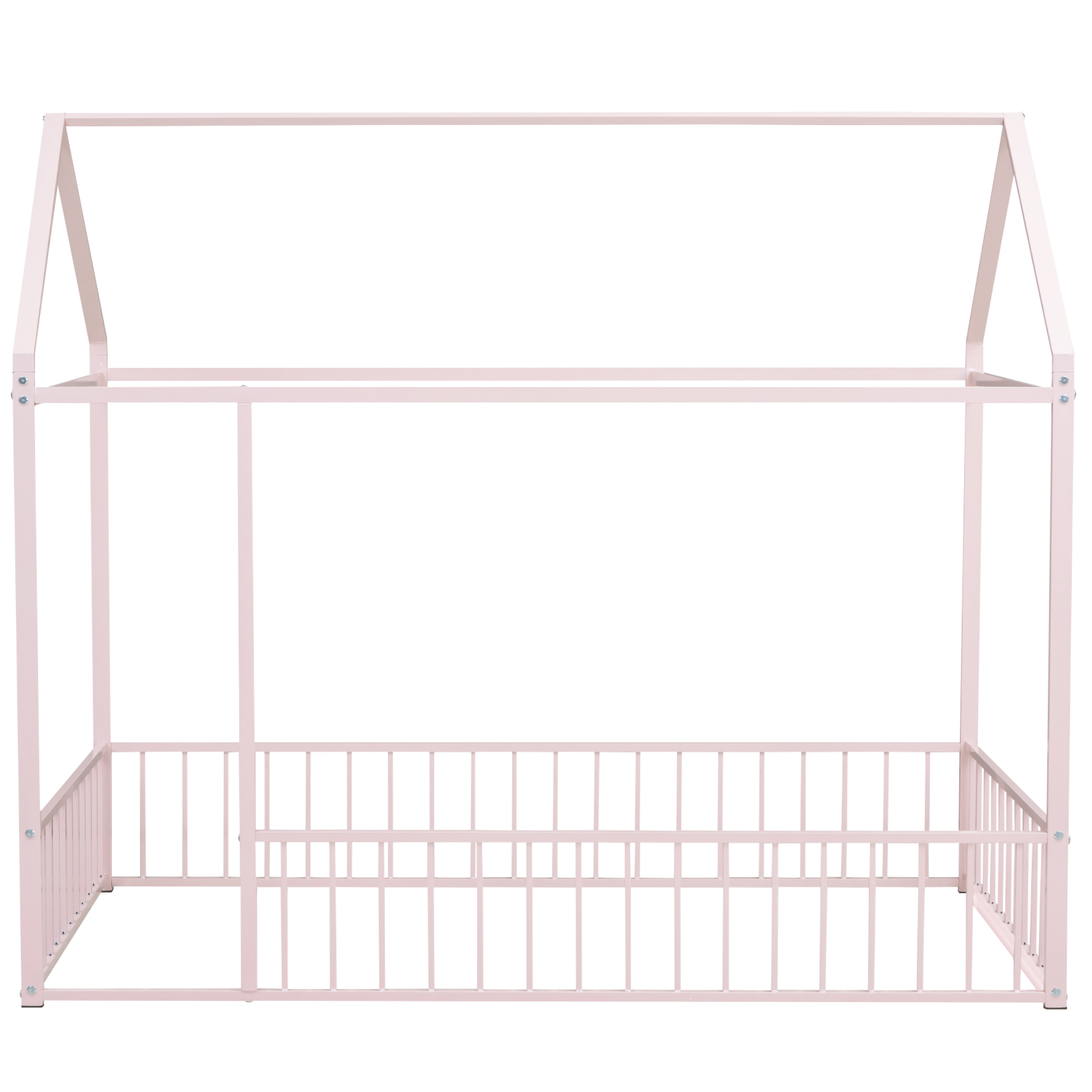 Twin Size Metal House Bed Frame with Rails, Montessori Floor Bed  without Slats (Pink)
