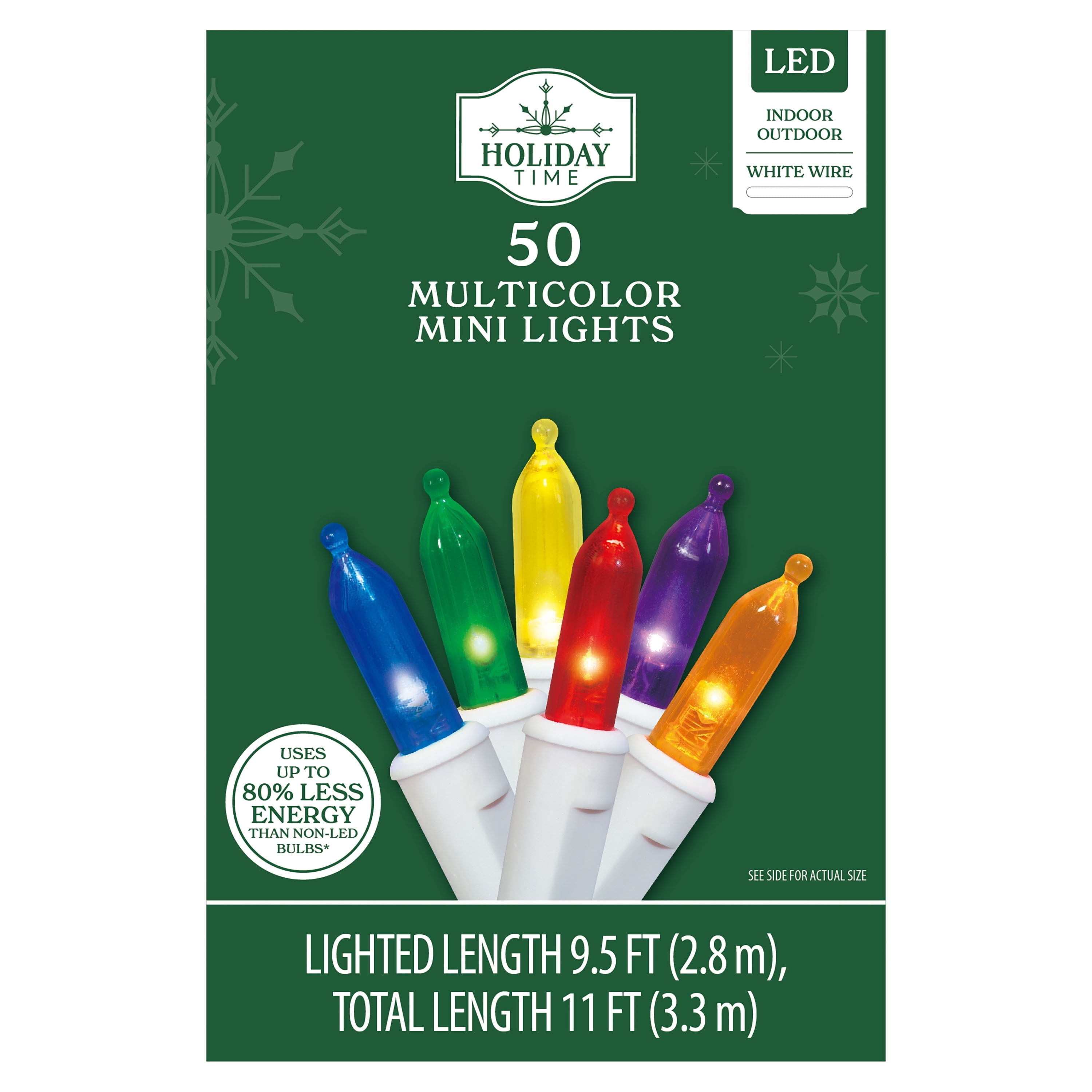 Indoor/Outdoor 50-Count LED Mini Christmas String Lights, Multicolor, White Wire, 9.5', by Holiday Time