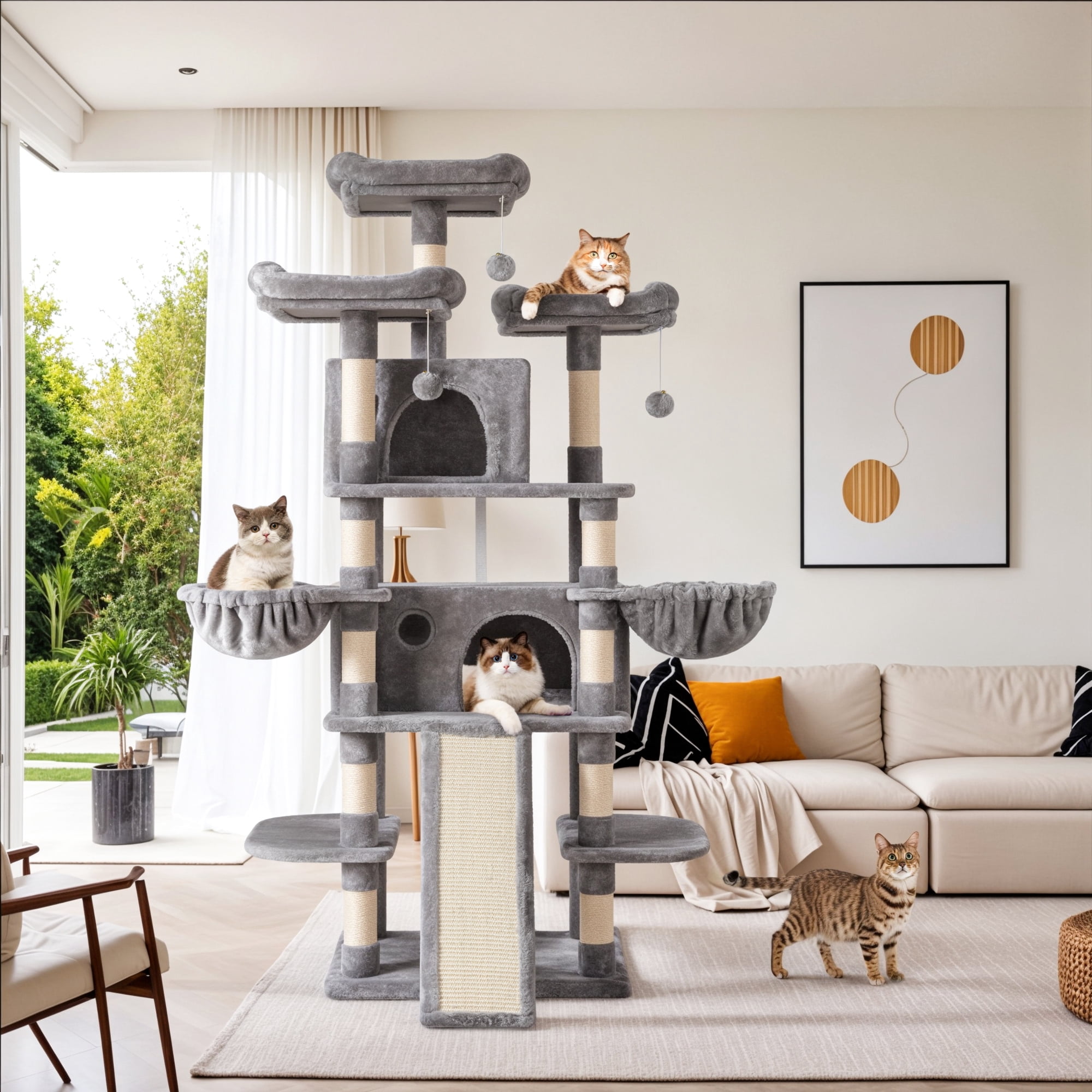 Sha Cerlin 68" X Large Cat Tree and Tower for Cats with Condo House, Sisal Scratching Board & Posts, Gray