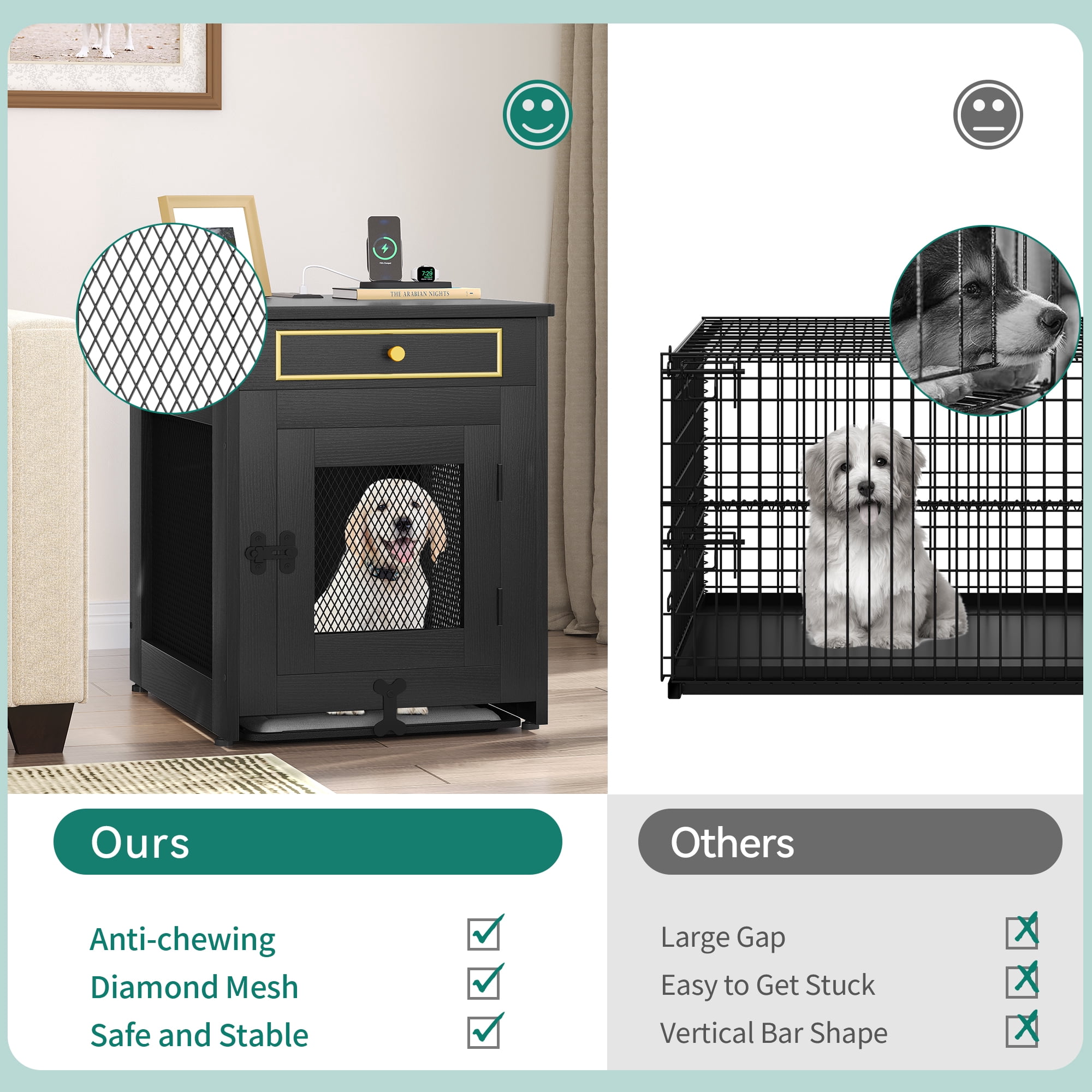 Dextrus Wooden Dog Kennel End Table with Dual USB Charger, Dog Crate Furniture, Drawer for Small Dogs Under 25 lbs Indoor Use, Black