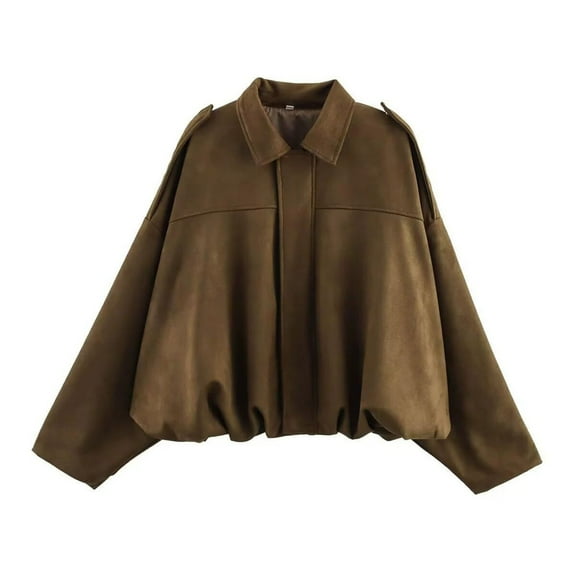 2025 Women's Faux Suede Bomber Jacket Lapel Pilot Coat Casual Oversized Long Sleeves Trendy Streetwear Outerwear