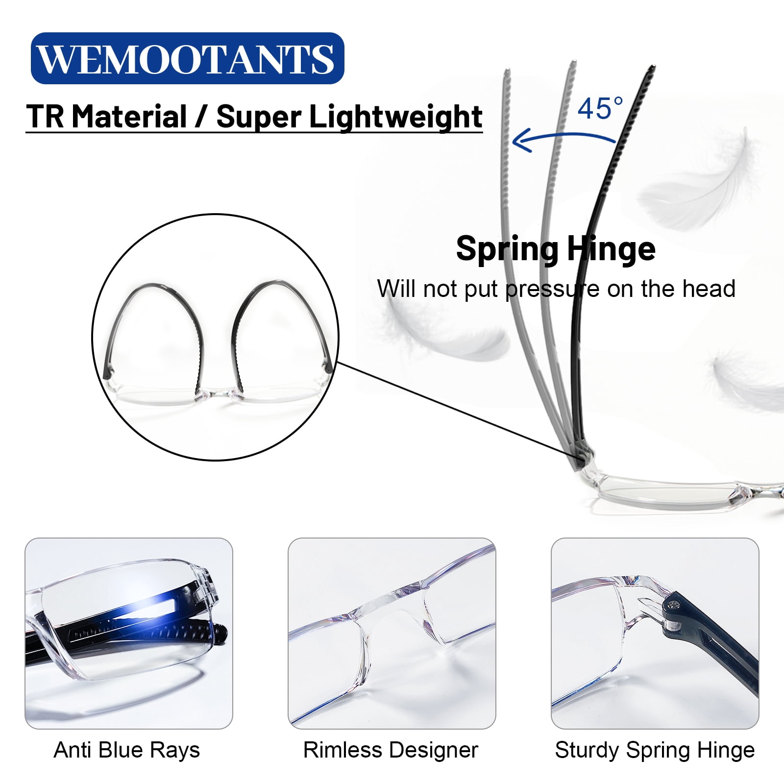 WEMOOTANTS 4 Pairs Frameless Reading Glasses Women Men Narrow Blue Light Blocking Readers 2.0 (2*Black+Blue+Clear)