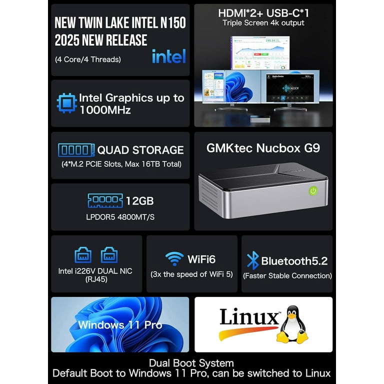 GMKtec Mini PC NAS, Intel N150 Dual Boot, Win 11 Pro Linux Desktop