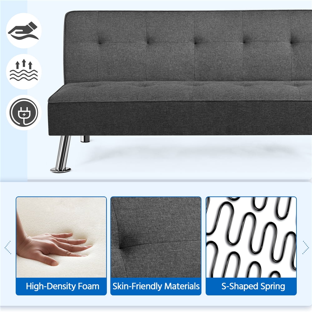 Alden Design 66" Modern Fabric Convertible Futon Sofa Bed with USB, Charcoal