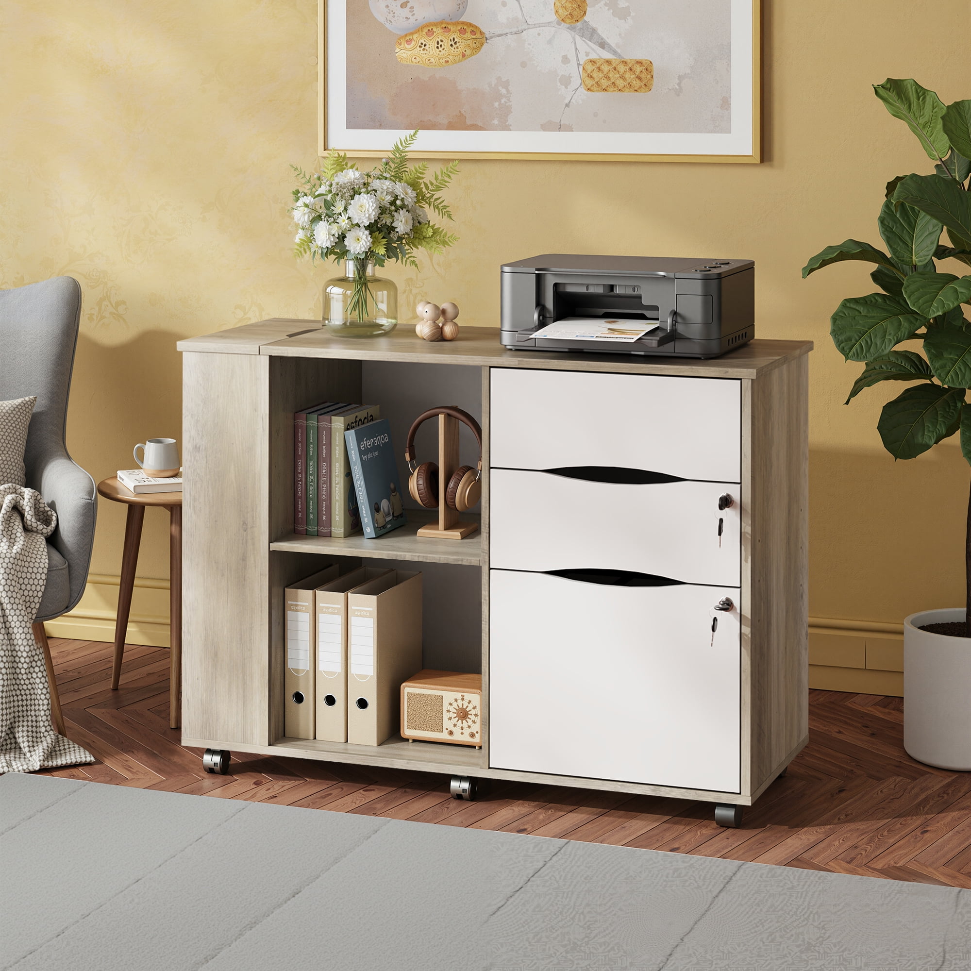 GALAXHERO Wood File Cabinet with 3 Drawers, Open Storage Shelves, Rolling Printer Stand with Charging Station for Home Office, Gray White