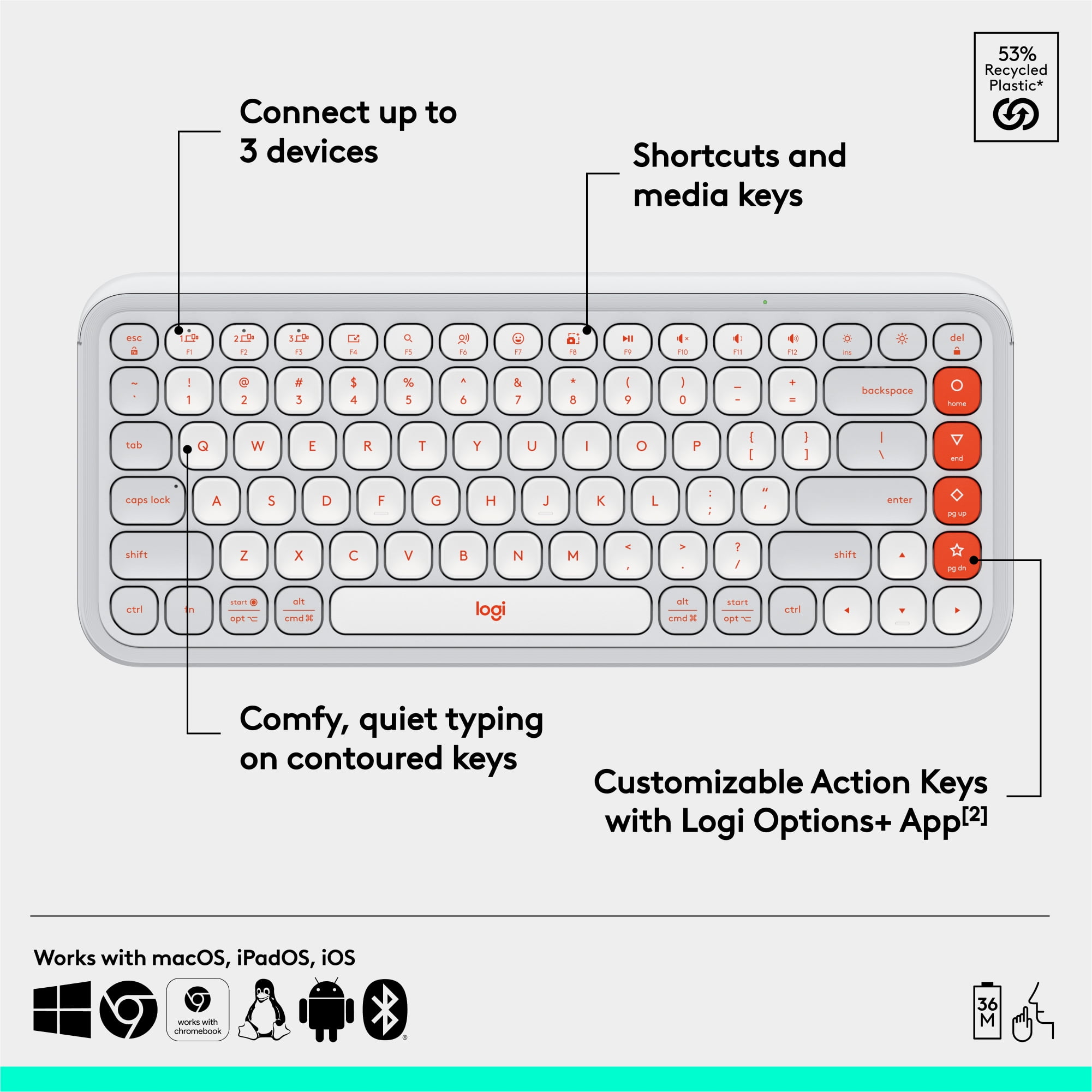 Logitech POP ICON KEYS Wireless Bluetooth Keyboard, Comfortable Typing, Programmable Keys, Off-White and Orange