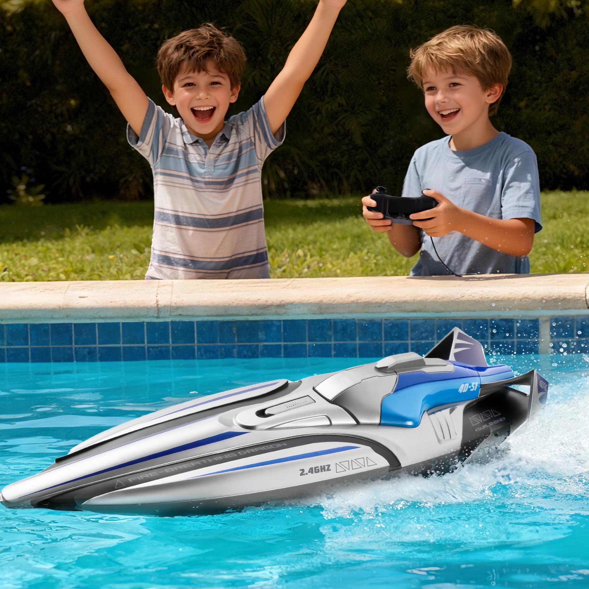 Remote Control Boat, 15KM/H Fast RC Boat with 2 Rechargeable Batteries, Pool Toys Water Toys for Boys & Girls