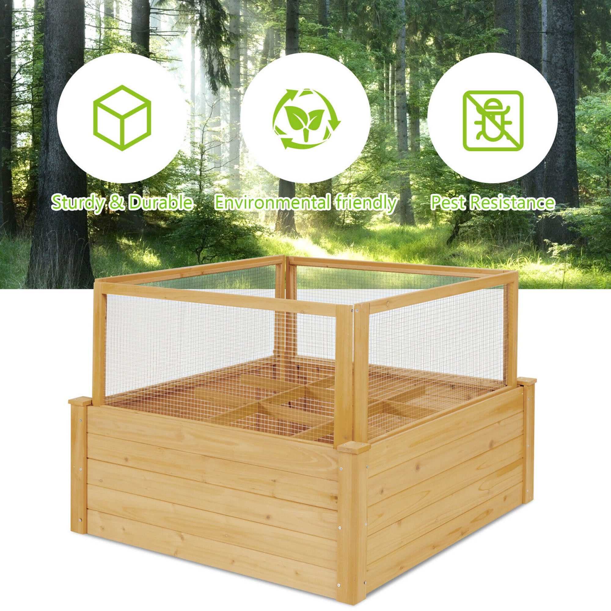 Gymax Raised Garden Bed Guard Fence Wooden Garden Box with 9 Grids & Critter