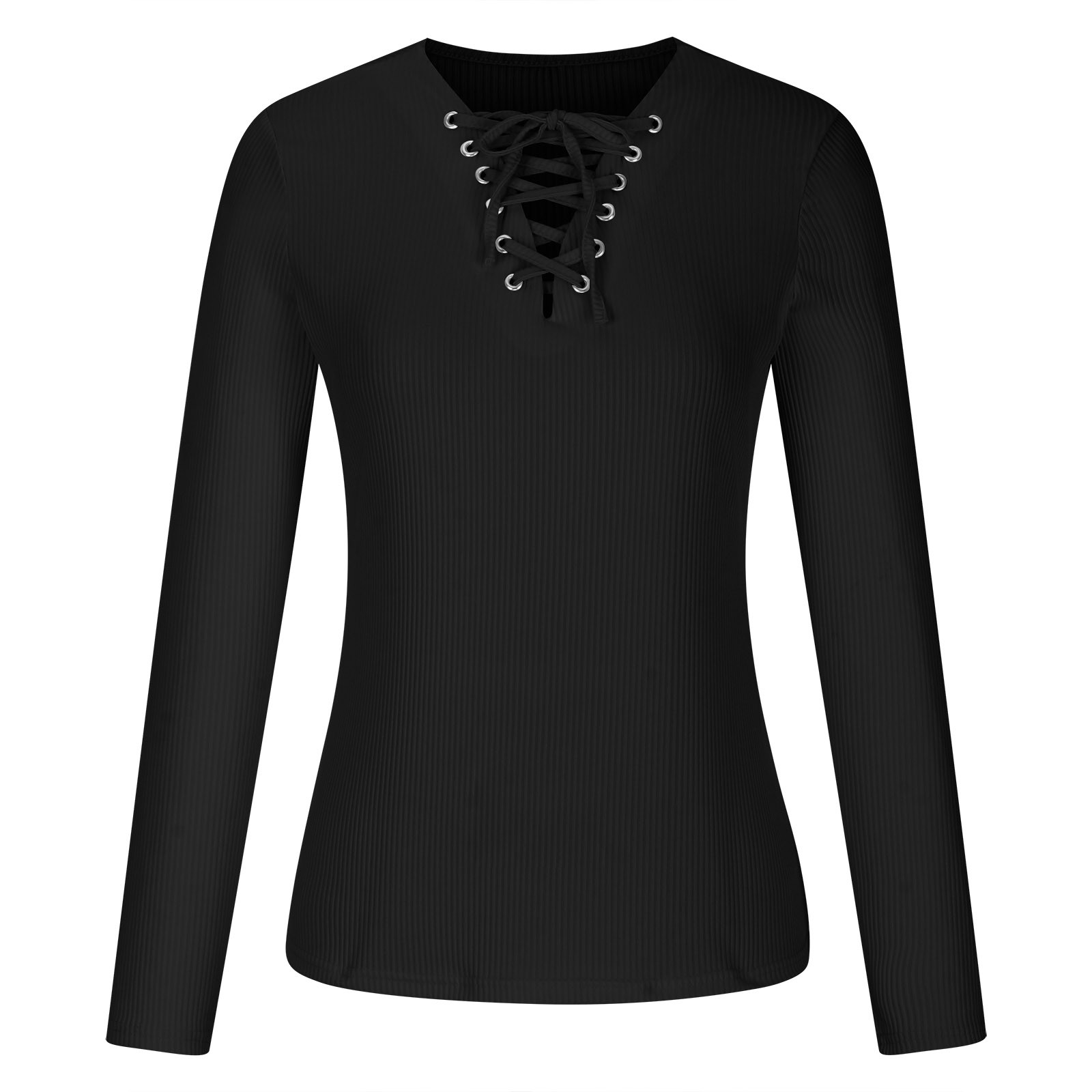 RQYYD Women's Criss Cross Lace Up V Neck Long Sleeve Tops Ribbed