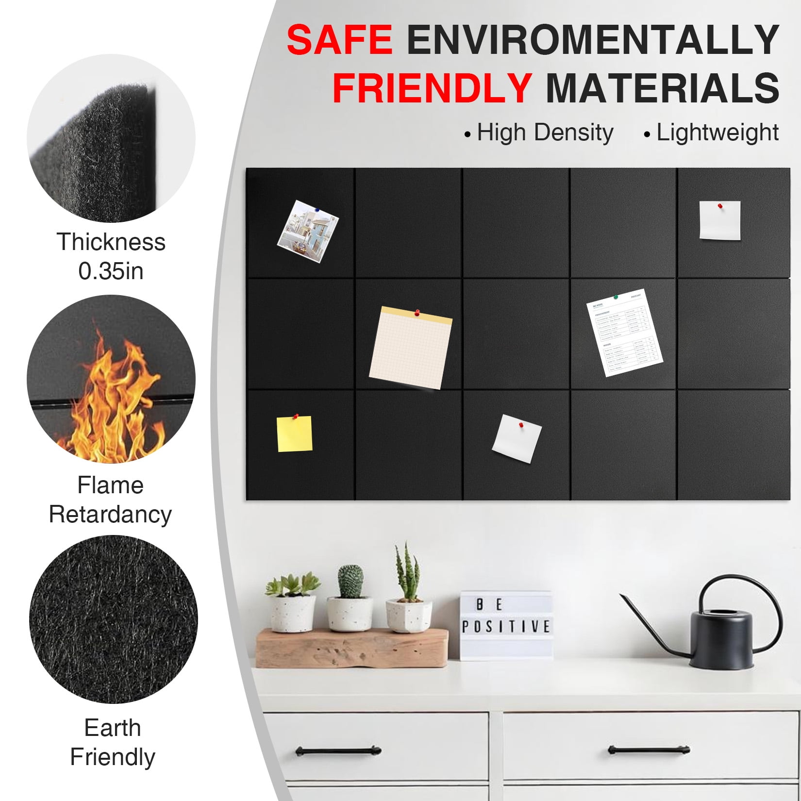 15 Pack Felt Bulletin Board Tiles, 11.8 x 11.8 inch Self-Adhesive Pin Board Panels with 30 Push Pins, Thick 0.35 inch Sound Absorbing Wall Tiles for Office, Home & Classroom, Black