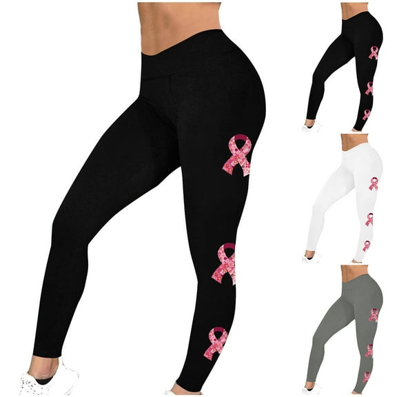 VBTAPA Breast Cancer Awareness Leggings for Women Pink Ribbon Printed High Waist Stretch Yoga Running Pants Casual Workout Tights Fight The Cancer Inspiration Leggings Big Deal Days Gray XXL