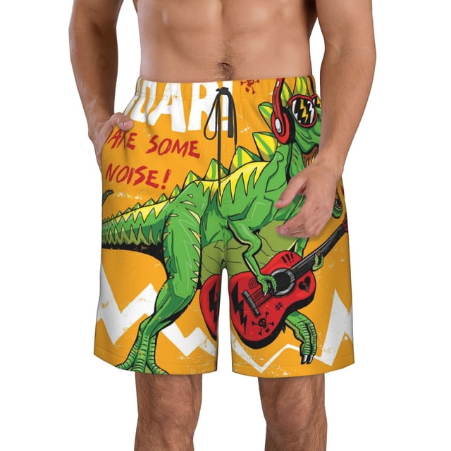 Fotbe Cool Dinosaur Playing Guitar Trajes de Baño Estampados para Hombre, Shorts de Verano de Secado Rápido, Ropa de Playa, Bañadores-X-Large
