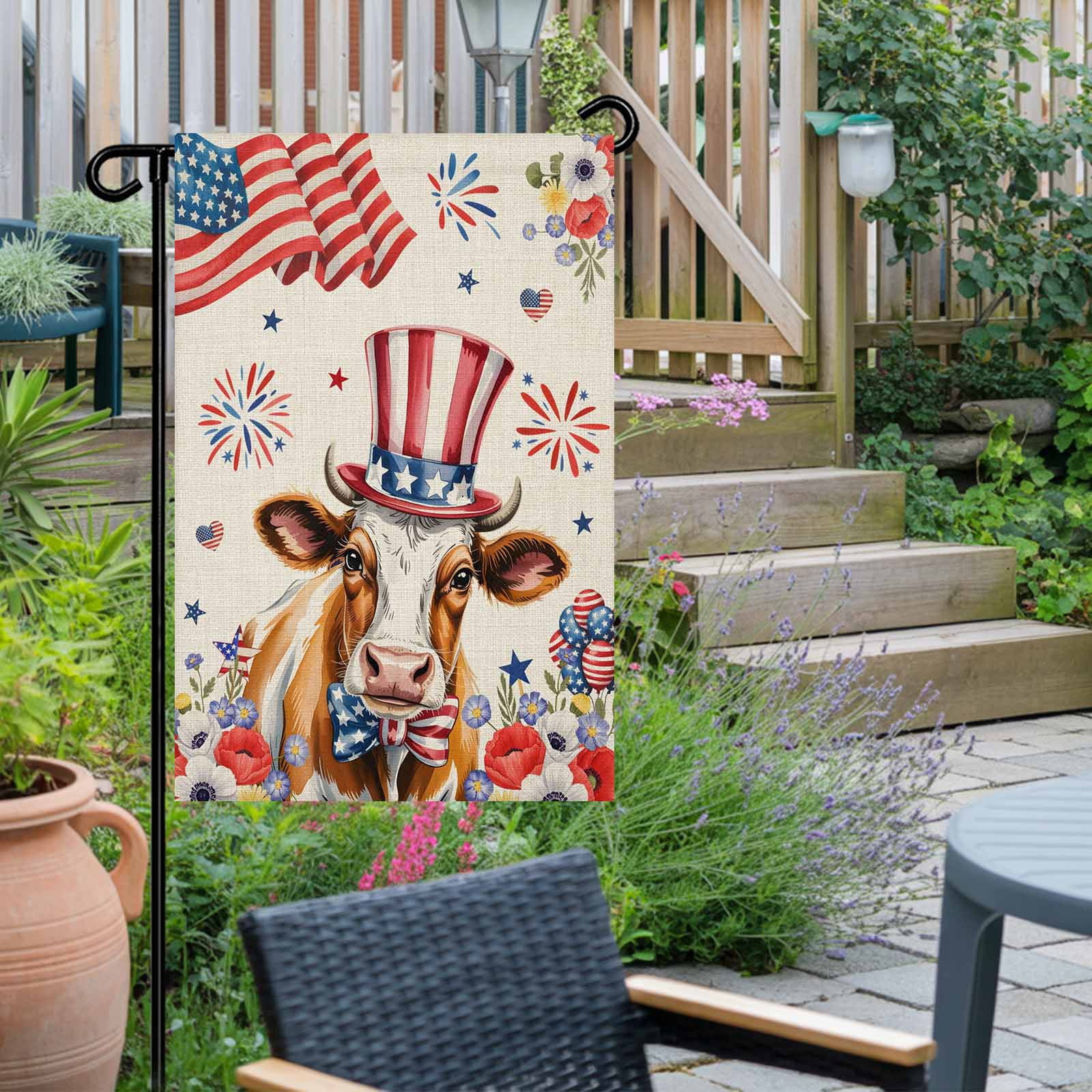 4th of July Garden Flags USA Flag Cow Garden Flag Double Sided Welcome Flag Stars Stripes Hat Fireworks Poppy Independence Day Yard Flags for Outdoor Lawn Porch Memorial Day Holiday Decor 28x40 Inch